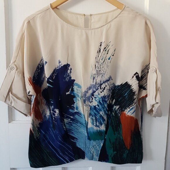 BCBG Maxazria Silk Jayne Abstract Print Short Sleeve Blouse Multi Color Top Sz S - Picture 1 of 10